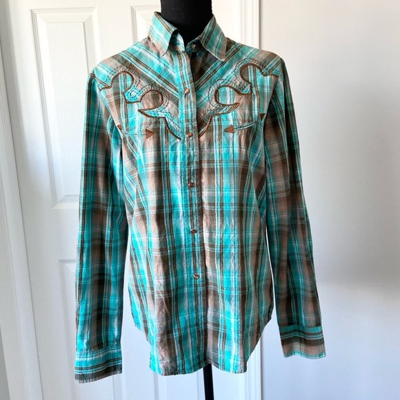 Life Style Tops - Life Style Green Plaid Western Shirt